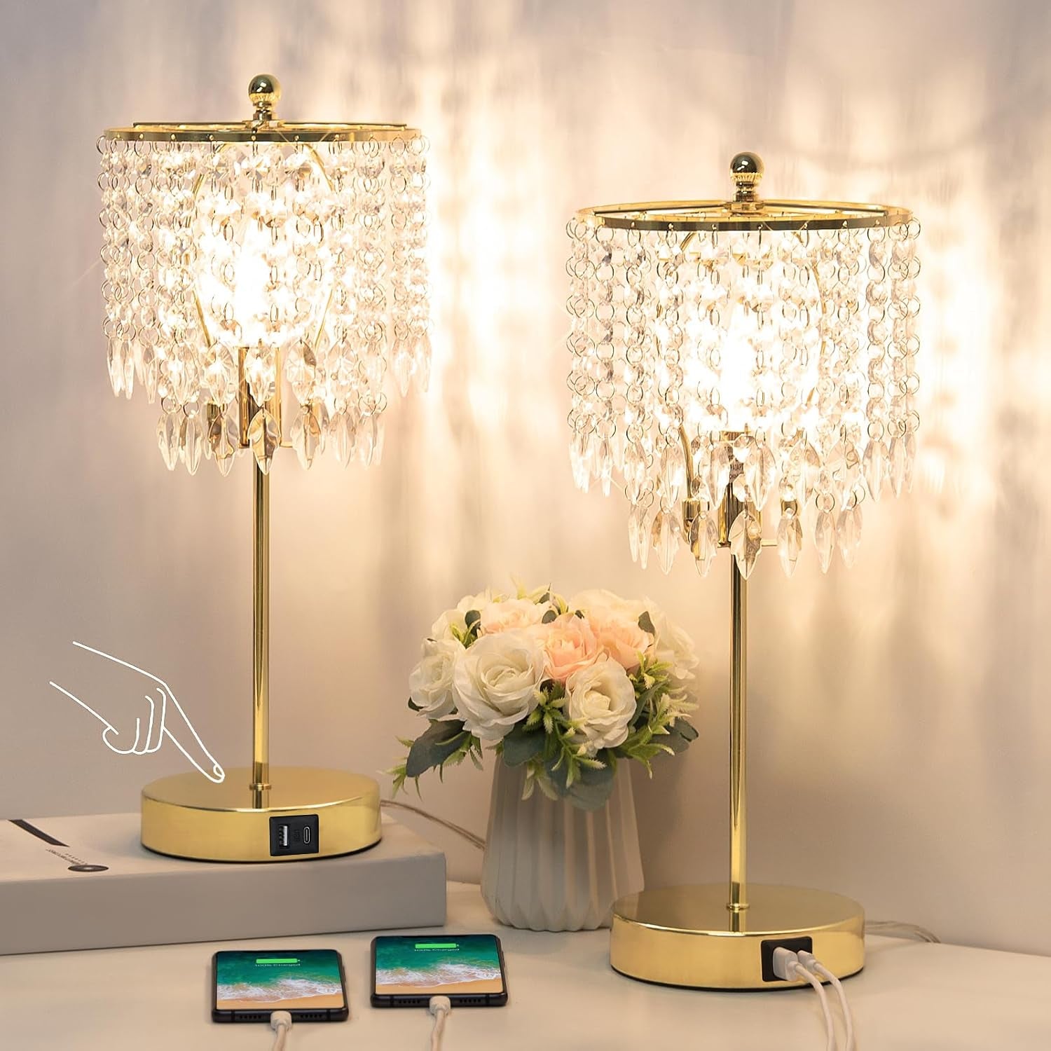 Crystal Table Lamp Set of 2, 3-Way Dimmable Nightstand Lamp with 2 USB Charging Ports, Gold Bedside Lamp for Bedroom, Touch Lamp with Elegant Shade for Living Room, B11 LED Bulb Included
