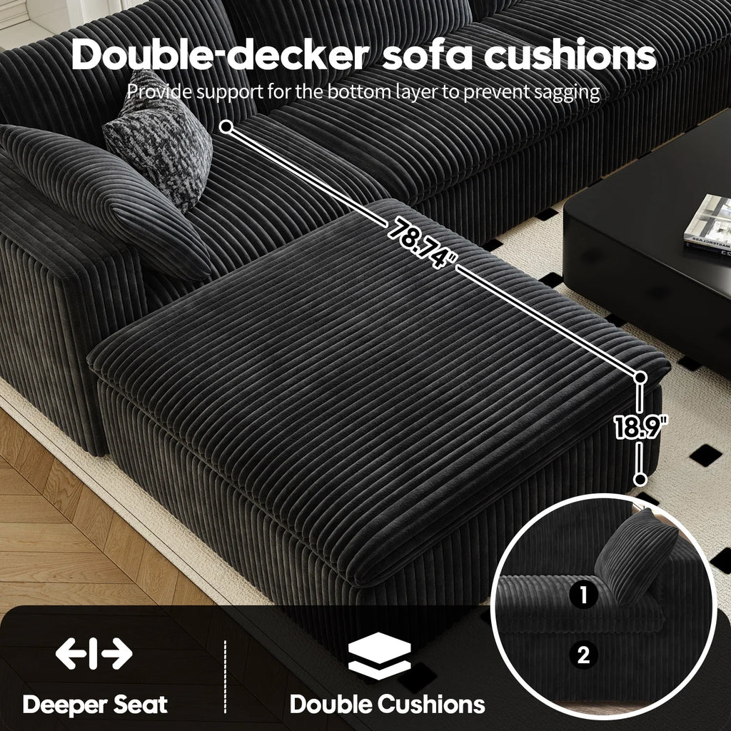 157.5" U Shaped Modern Sofa Modular Sectional Cloud Couch with 2 Ottoman,Deep Seat Upholstered Couches with Corduroy Fabric for Living Room Furniture,Bedroom and Apartment,No Assembly Required,Black