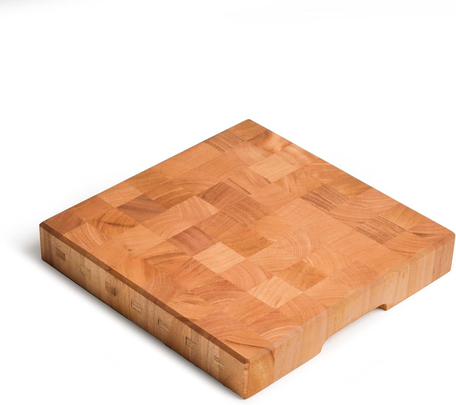 Mahogany End Grain Cutting Board 12.6×12.6×2 in with Holder – Handmade Checkered Butcher Block, Knife-Friendly, Non-Slip Feet, Ergonomic Handles