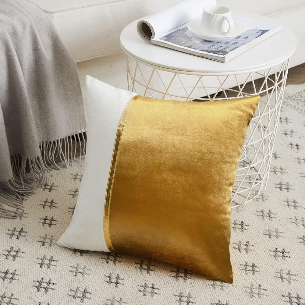 2 Pack Gold Euro Decorative Throw Pillow Covers 26X26 Inch for Living Room Couch Bed, Velvet Patchwork with Gold Leather, Luxury Home Decor Square Cushion Case 66X66 Cm