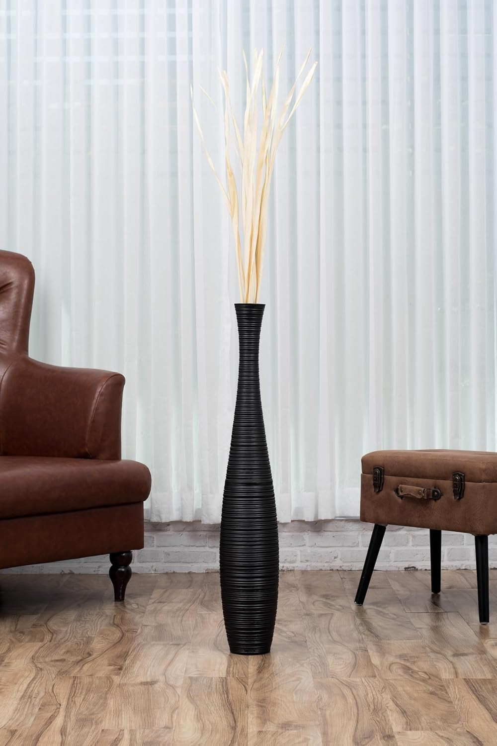 Large Black Home Decor Floor Vase - Wooden 34 Inch Tall Farmhouse Decor Flower Holder for Fake Plant and Pampas Grass