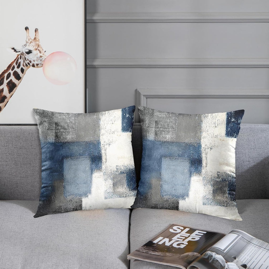 Throw Pillow Covers Modern Home Art Decor, 18 X 18 Inches Set of 2 Pillow Cases Decorative, Abstract Oil Painting Pillowcases for Bedroom, Living Room, Cushion Couch Sofa, Navy Blue White