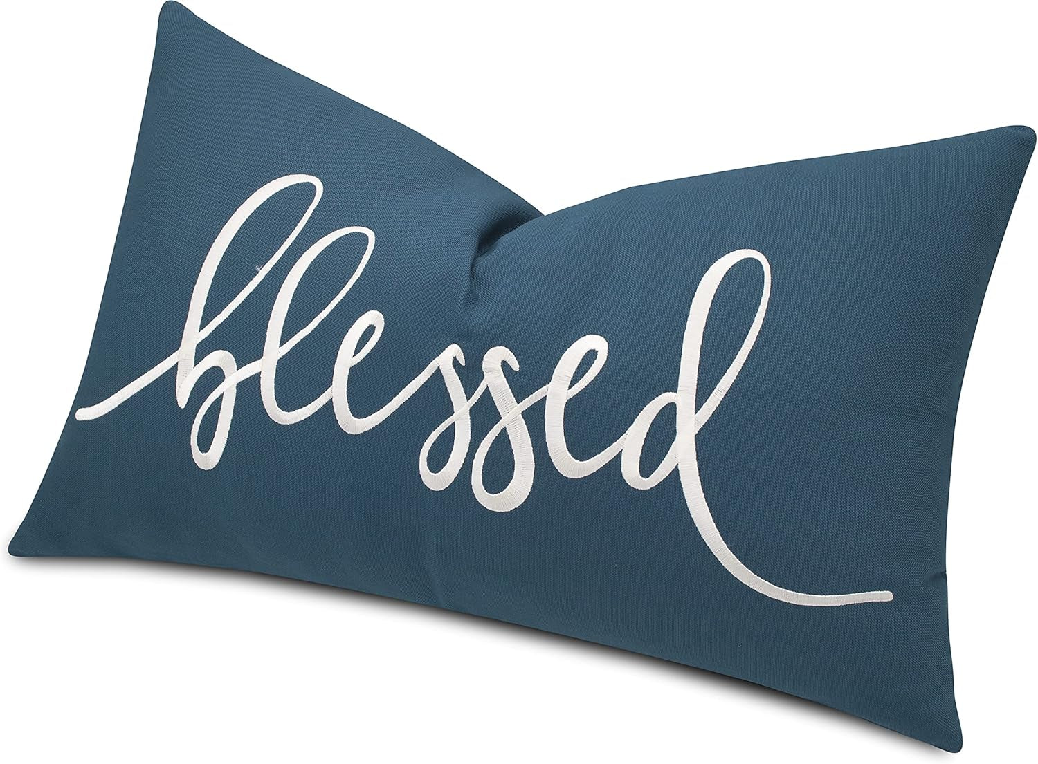 Blessed Lumbar Pillow Cover 12X20 – Teal Cotton Embroidered Throw Cushion – Christian Inspirational Faith Gift