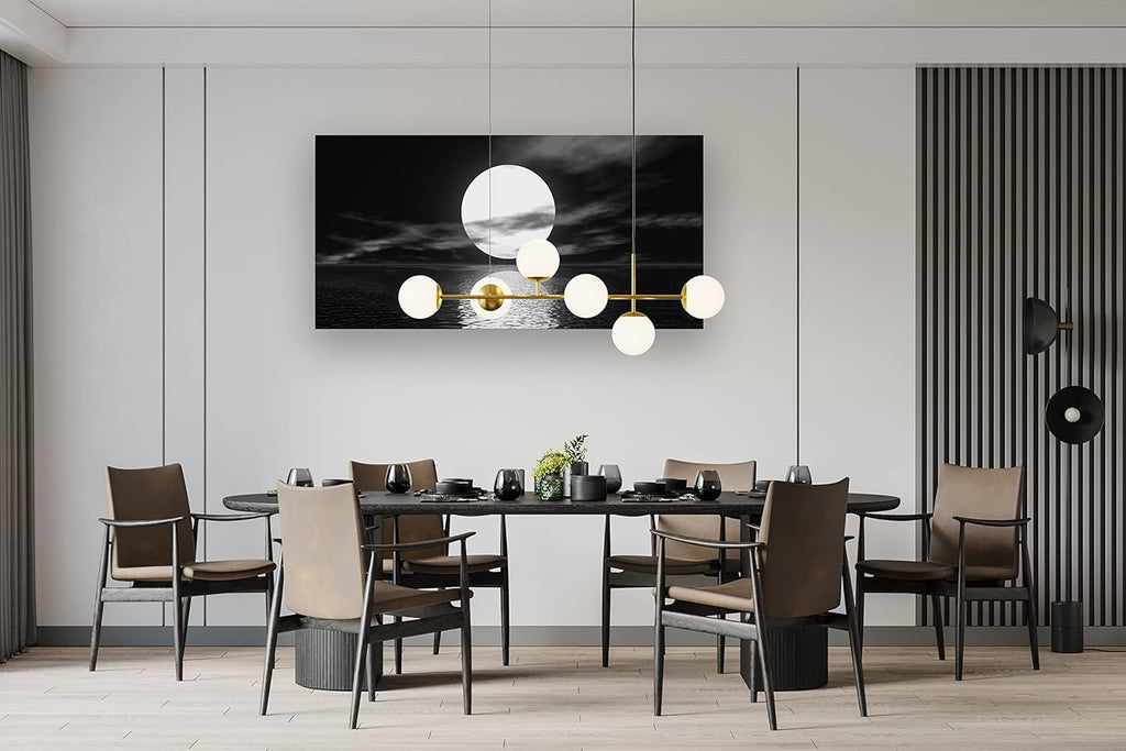 S06462 Wall Art Canvas Sea White Full Moon in Night Picture Canvas Poster Print Black and White Ocean for Living Room Bedroom Kitchen Home Decorations Framed Artwork