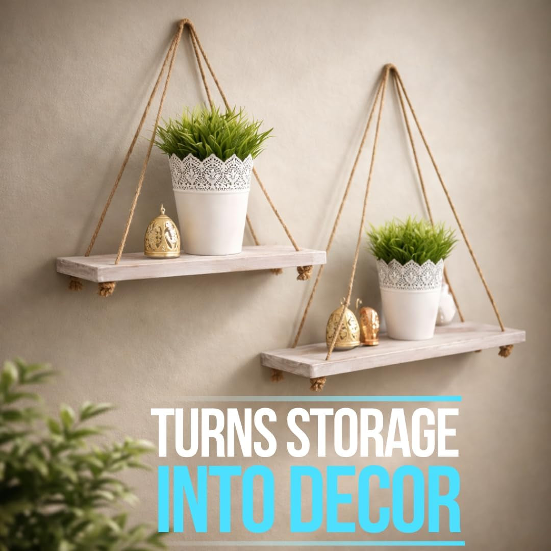Hanging Shelves for Wall - Set of 2 – Rustic Farmhouse Boho Shelves with String – 17”X5.2” – Thick Distressed, Torched Look Real Wood - Rustic White