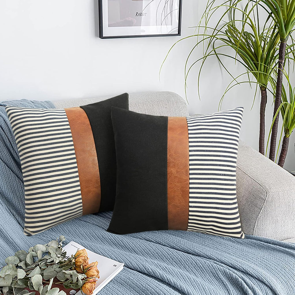 Set of 2 Farmhouse Decor Stripe Patchwork Black Linen Throw Pillow Covers,Modern Tan Faux Leather Accent Pillow Covers 18X18 Inch,Navy Blue Stripe