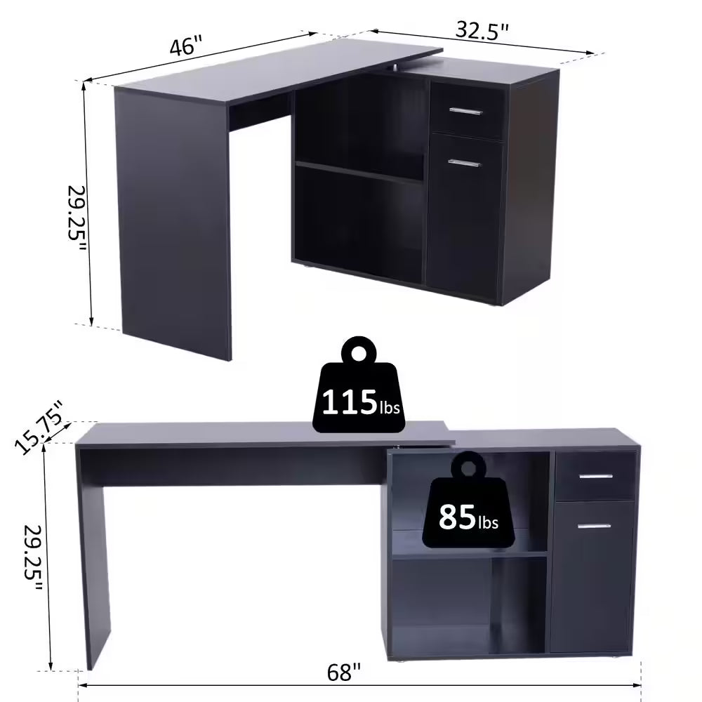 46 In. L-Shaped Black Writing Computer Desk with Storage Shelves and Cabinet