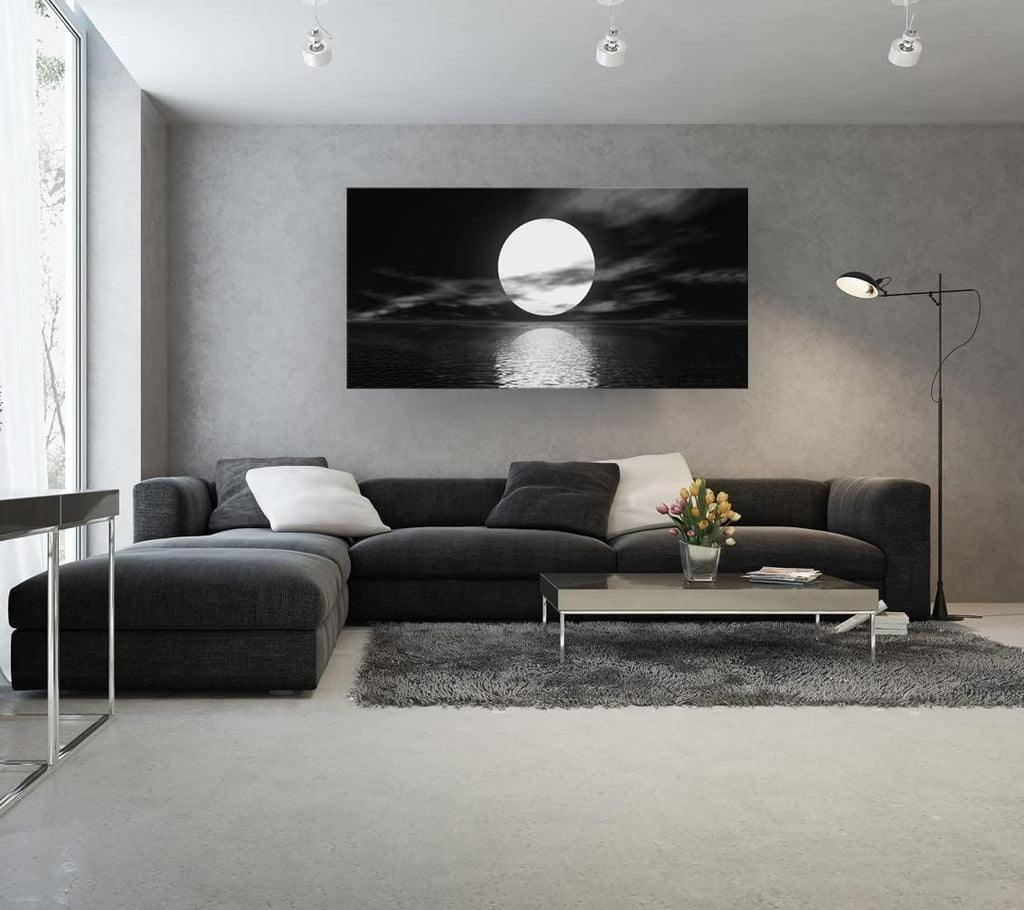 S06462 Wall Art Canvas Sea White Full Moon in Night Picture Canvas Poster Print Black and White Ocean for Living Room Bedroom Kitchen Home Decorations Framed Artwork