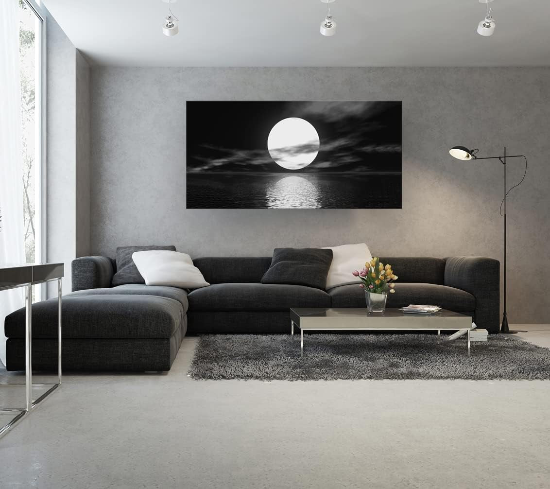 S06462 Wall Art Canvas Sea White Full Moon in Night Picture Canvas Poster Print Black and White Ocean for Living Room Bedroom Kitchen Home Decorations Framed Artwork