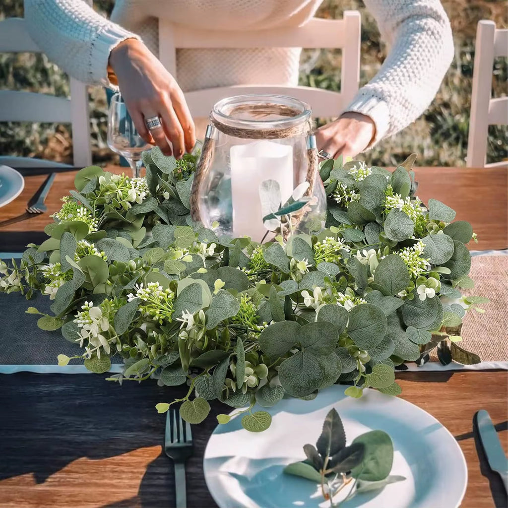 180Cm 1Pc Artificial Eucalyptus Leaves Greenery Garland Faux Plant Spring Vine with White Flowers Berries for Wedding Home Decor