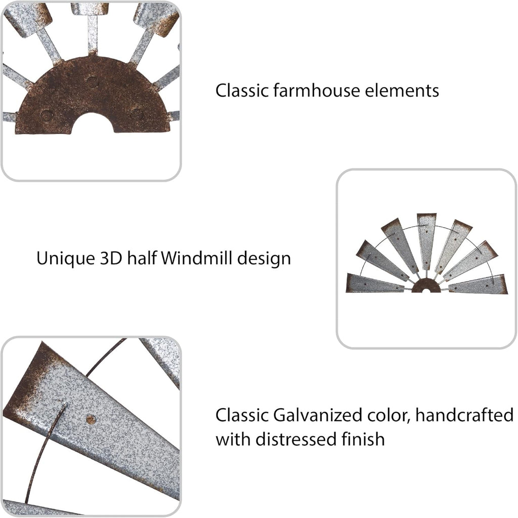 32" Rustic Galvanized Metal Half Windmill Wall Sculpture Farmhouse Wall Art Home Decor, Silver
