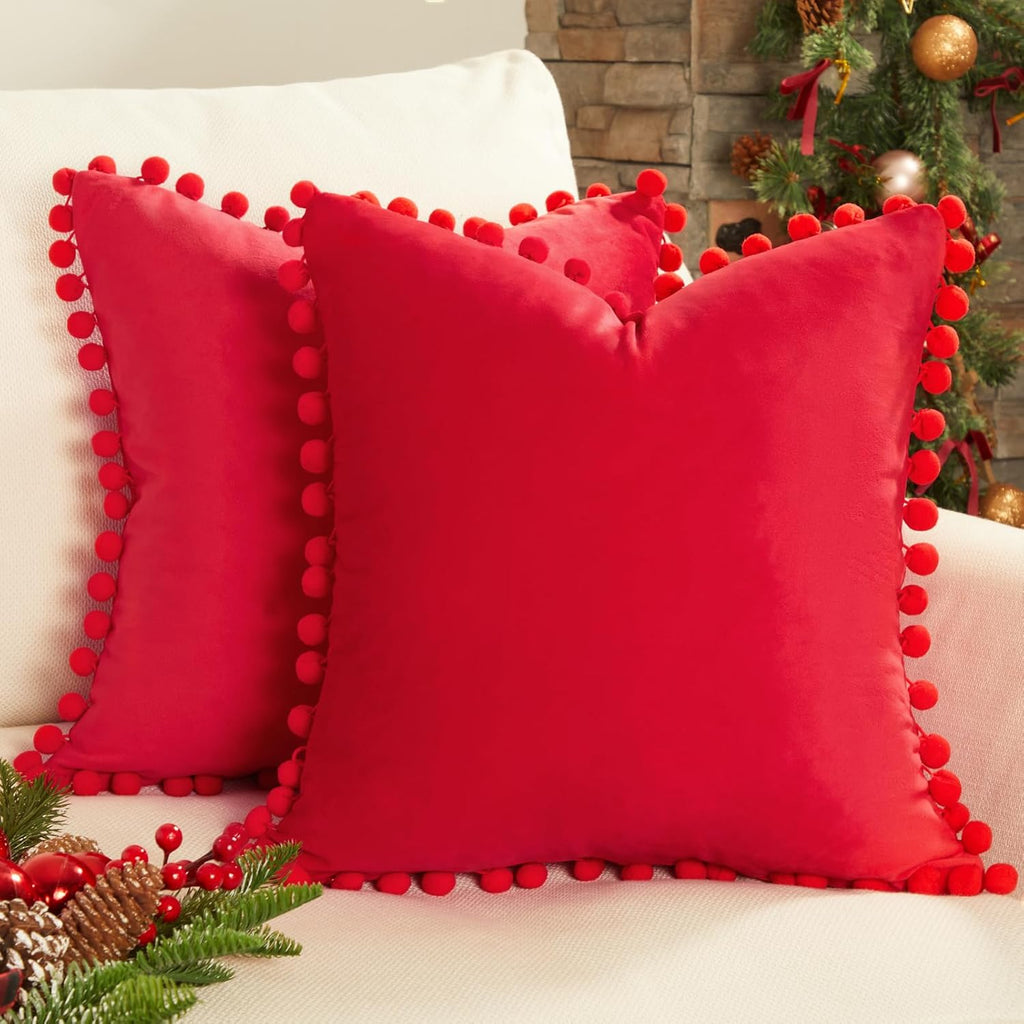 Red Pillow Covers 18X18 Inches Set of 2 Decorative Velvet Couch Throw Pillow Cover with Pom Poms Soft Square Sofa Pillow Cases for Bedroom Livingroom Home Decor