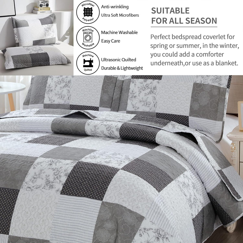 King Floral & Plaid Patchwork Quilt Set - Lightweight Reversible Bedspread - Grey & Black White Paisley Floral Quilt