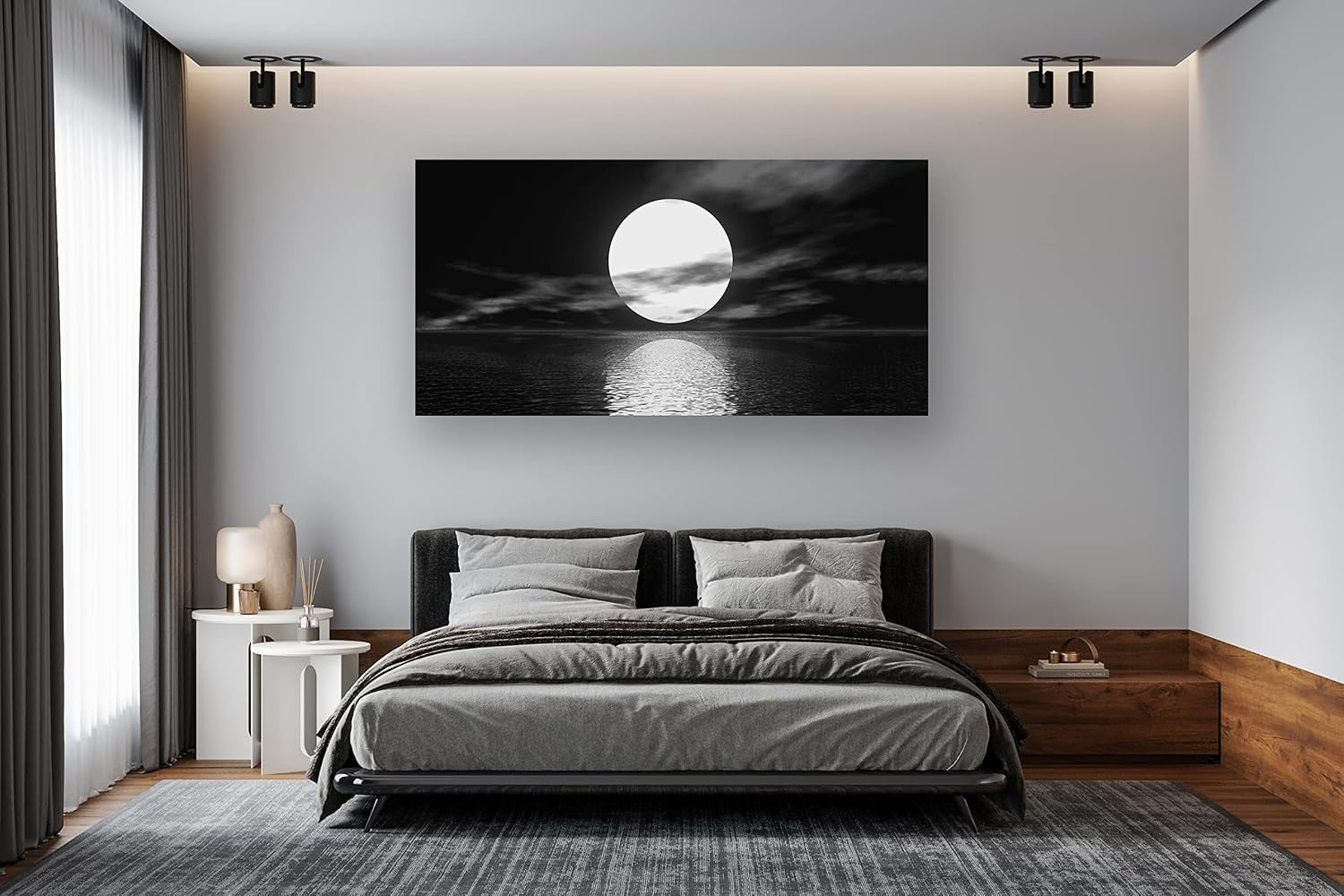 S06462 Wall Art Canvas Sea White Full Moon in Night Picture Canvas Poster Print Black and White Ocean for Living Room Bedroom Kitchen Home Decorations Framed Artwork