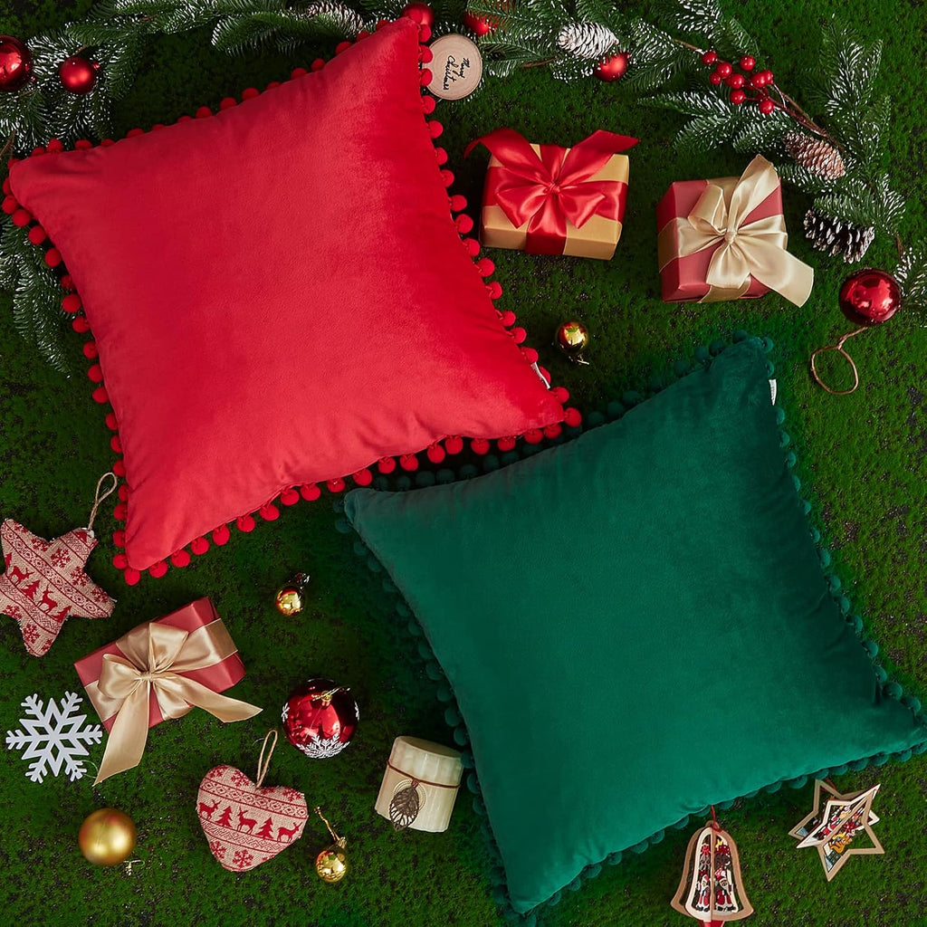 Red Pillow Covers 18X18 Inches Set of 2 Decorative Velvet Couch Throw Pillow Cover with Pom Poms Soft Square Sofa Pillow Cases for Bedroom Livingroom Home Decor