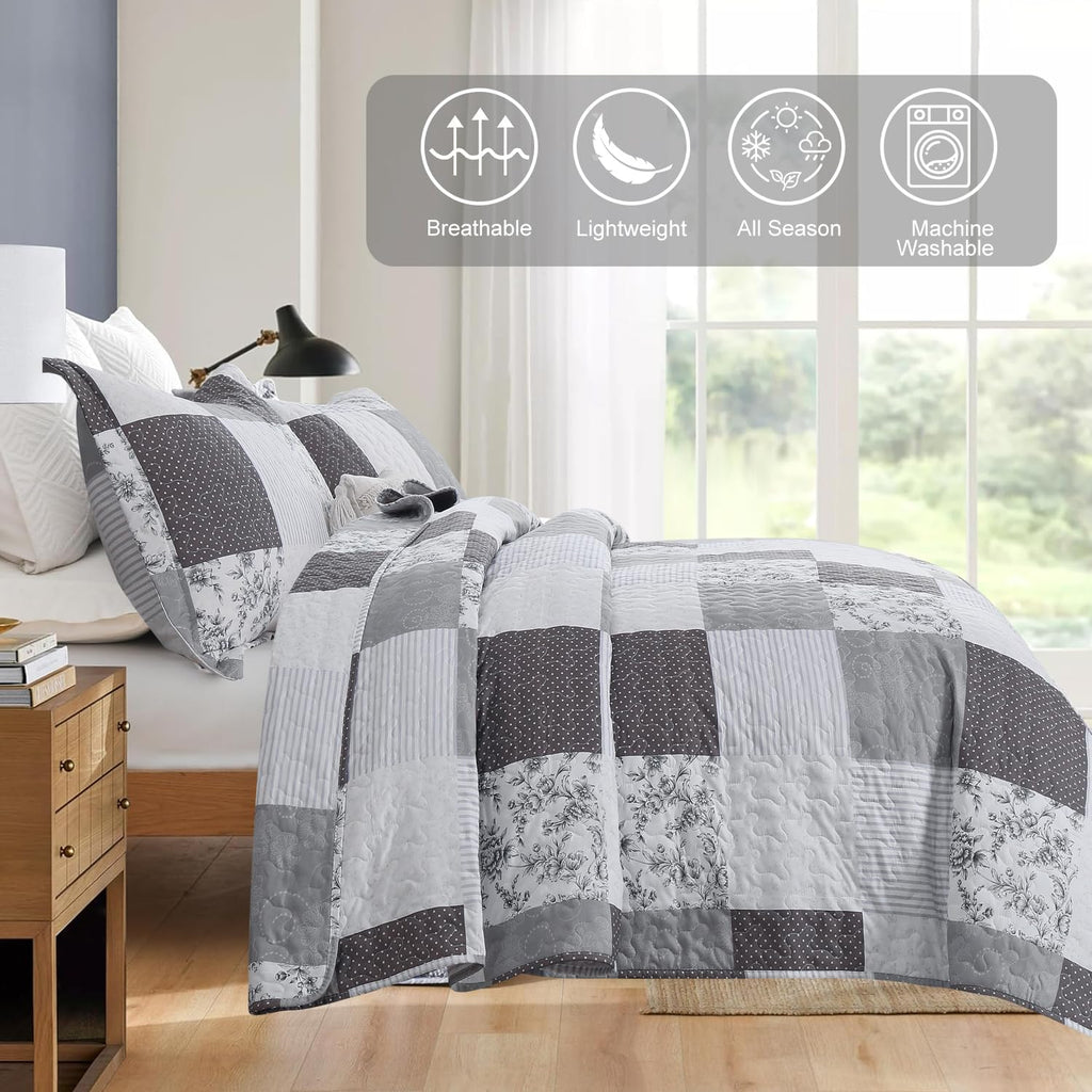 King Floral & Plaid Patchwork Quilt Set - Lightweight Reversible Bedspread - Grey & Black White Paisley Floral Quilt