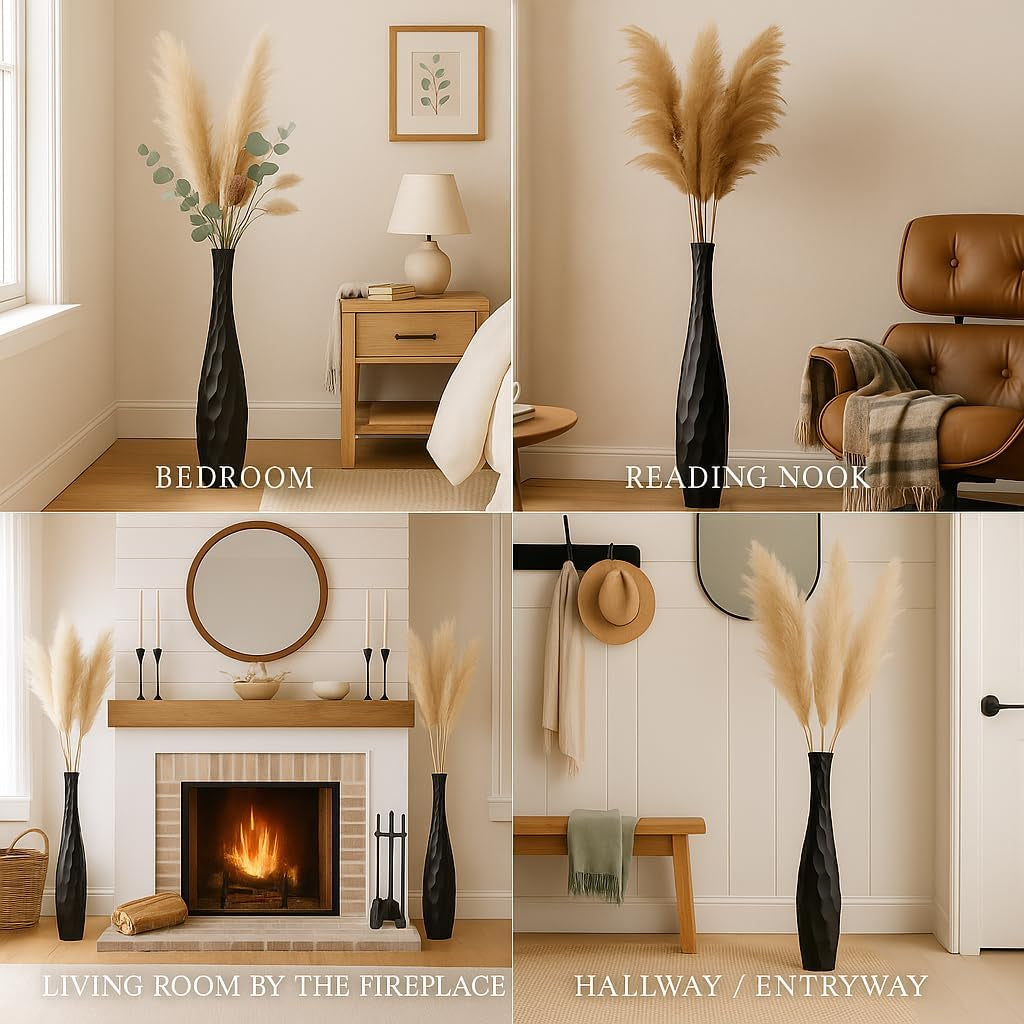 Large Black Home Decor Floor Vase - Wooden 26 Inch Tall Farmhouse Decor Flower Holder for Fake Plant and Pampas Grass