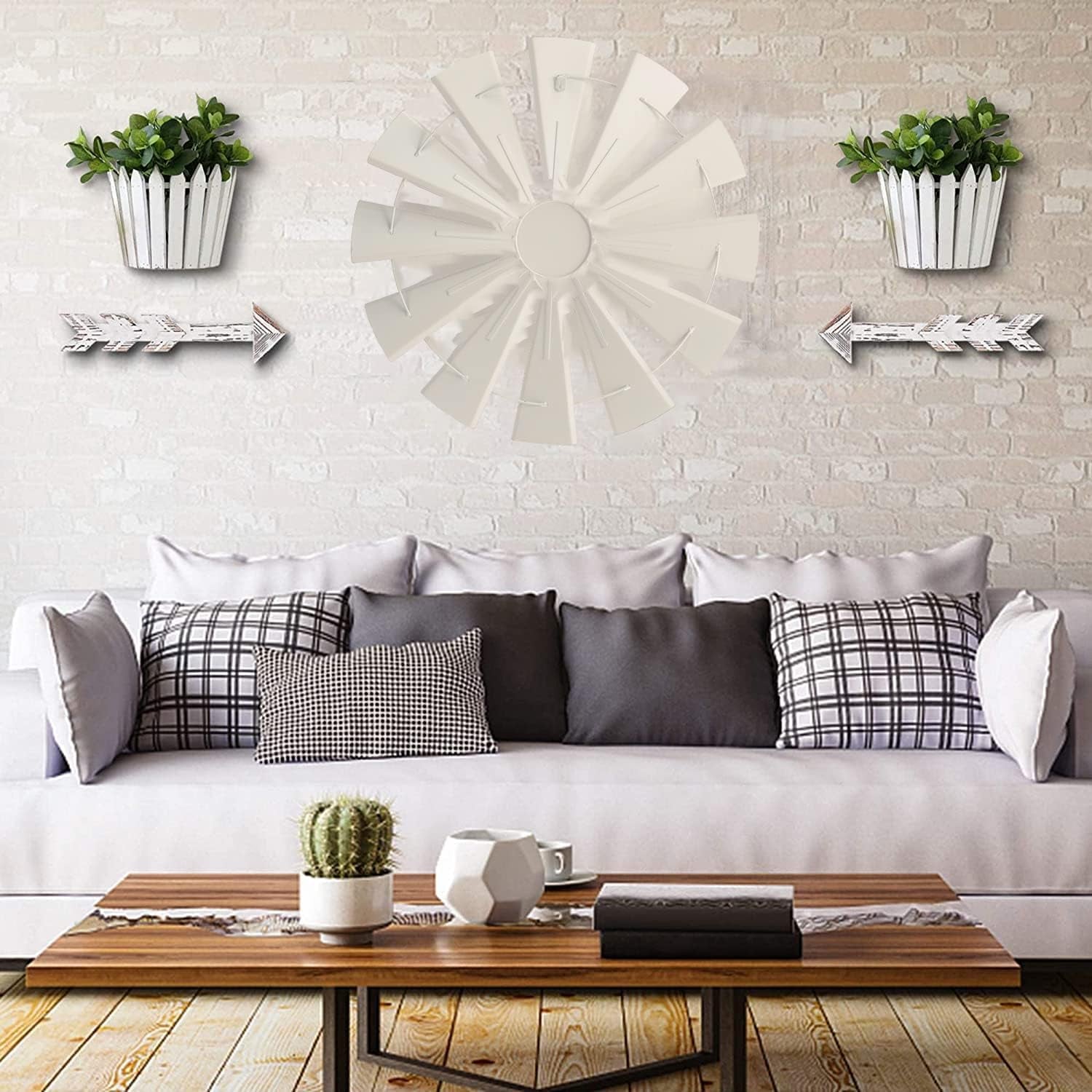 28" Farmhouse Galvanized Windmill Wall Sculpture Home Decor Rustic Metal Rustic Wall Art Decoration, Beige
