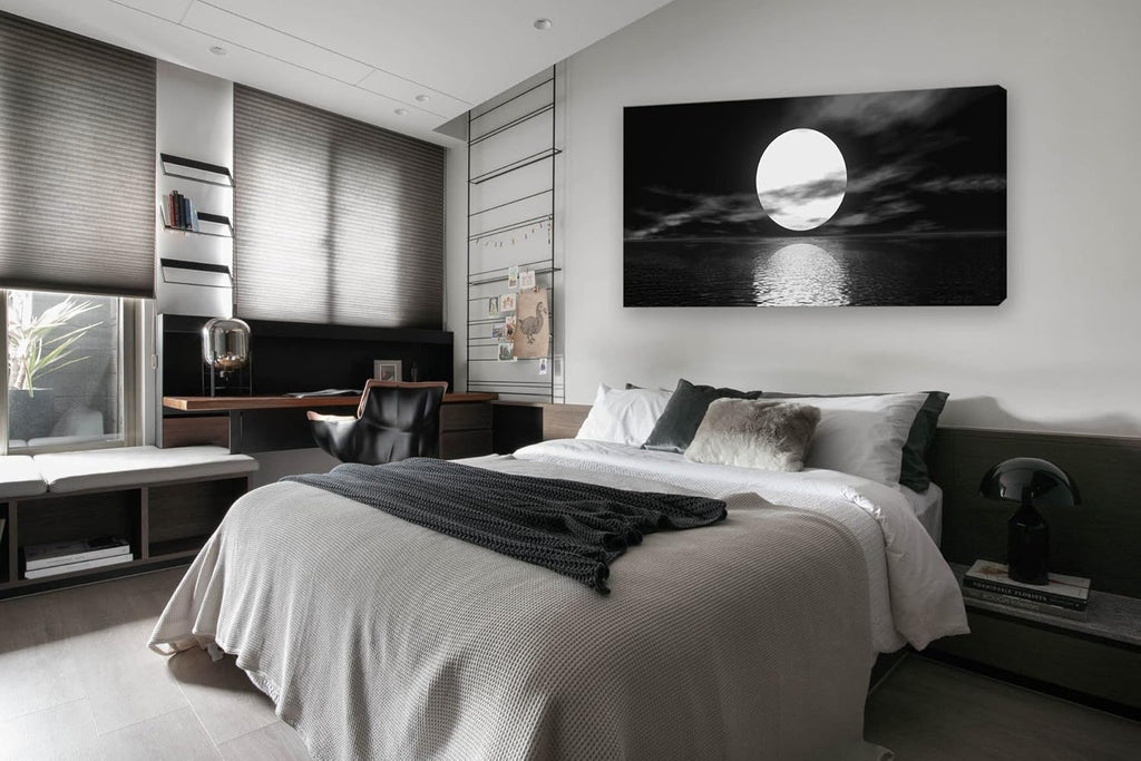 S06462 Wall Art Canvas Sea White Full Moon in Night Picture Canvas Poster Print Black and White Ocean for Living Room Bedroom Kitchen Home Decorations Framed Artwork