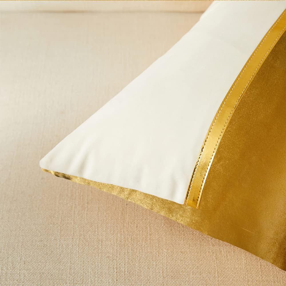 2 Pack Gold Euro Decorative Throw Pillow Covers 26X26 Inch for Living Room Couch Bed, Velvet Patchwork with Gold Leather, Luxury Home Decor Square Cushion Case 66X66 Cm
