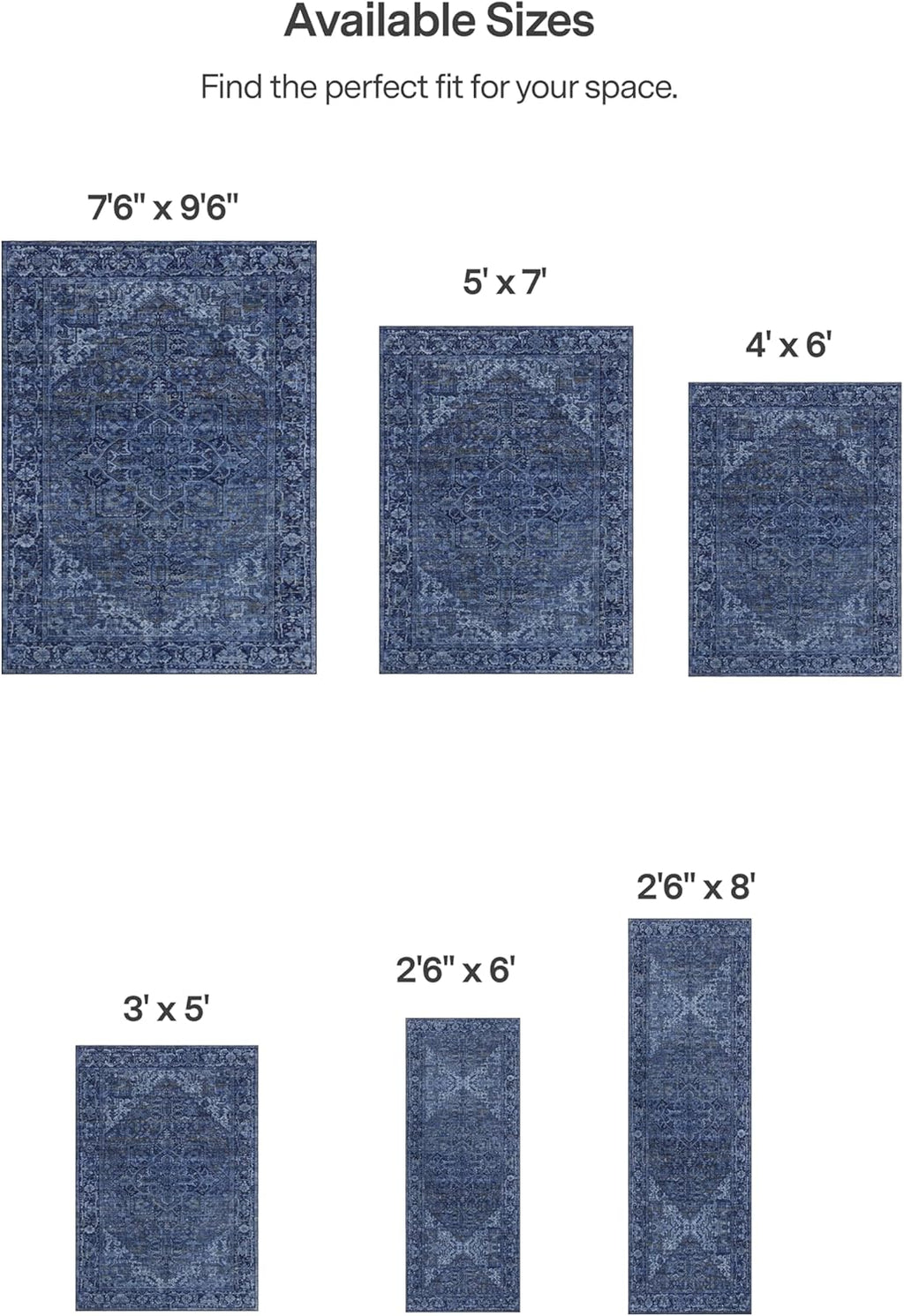 Machine Washable Area Rug - Living Room Bedroom Bathroom Kitchen Entryway Office - Padded Low Pile Stain Resistant Premium - Boho Vintage Traditional - Lyle - Blue 7'6" X 9'6"