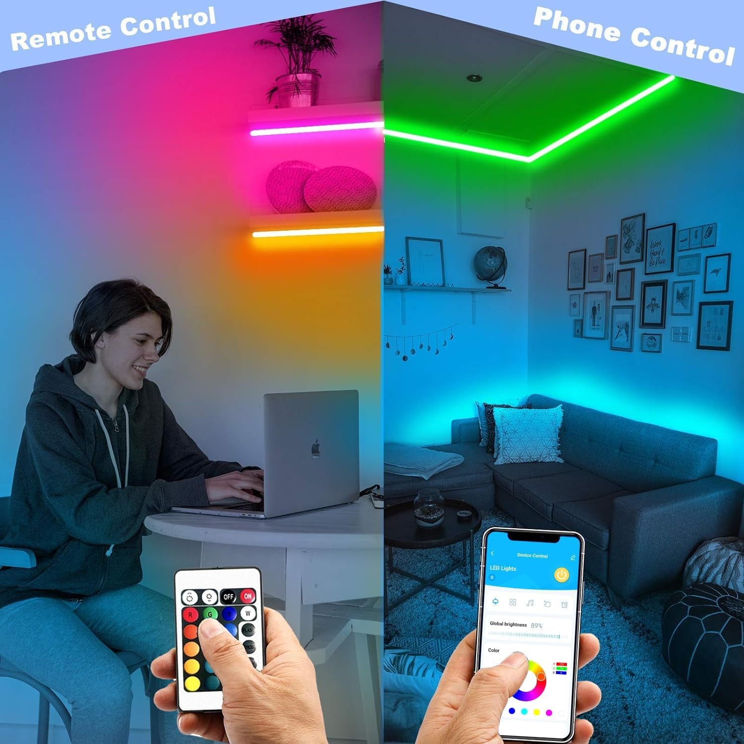 Smart Led Lights 32.8 Ft, 2835 RGB Led Strip Lights Kits with 24 Keys Remote, App Control Timer Schedule Led Music Strip Lights