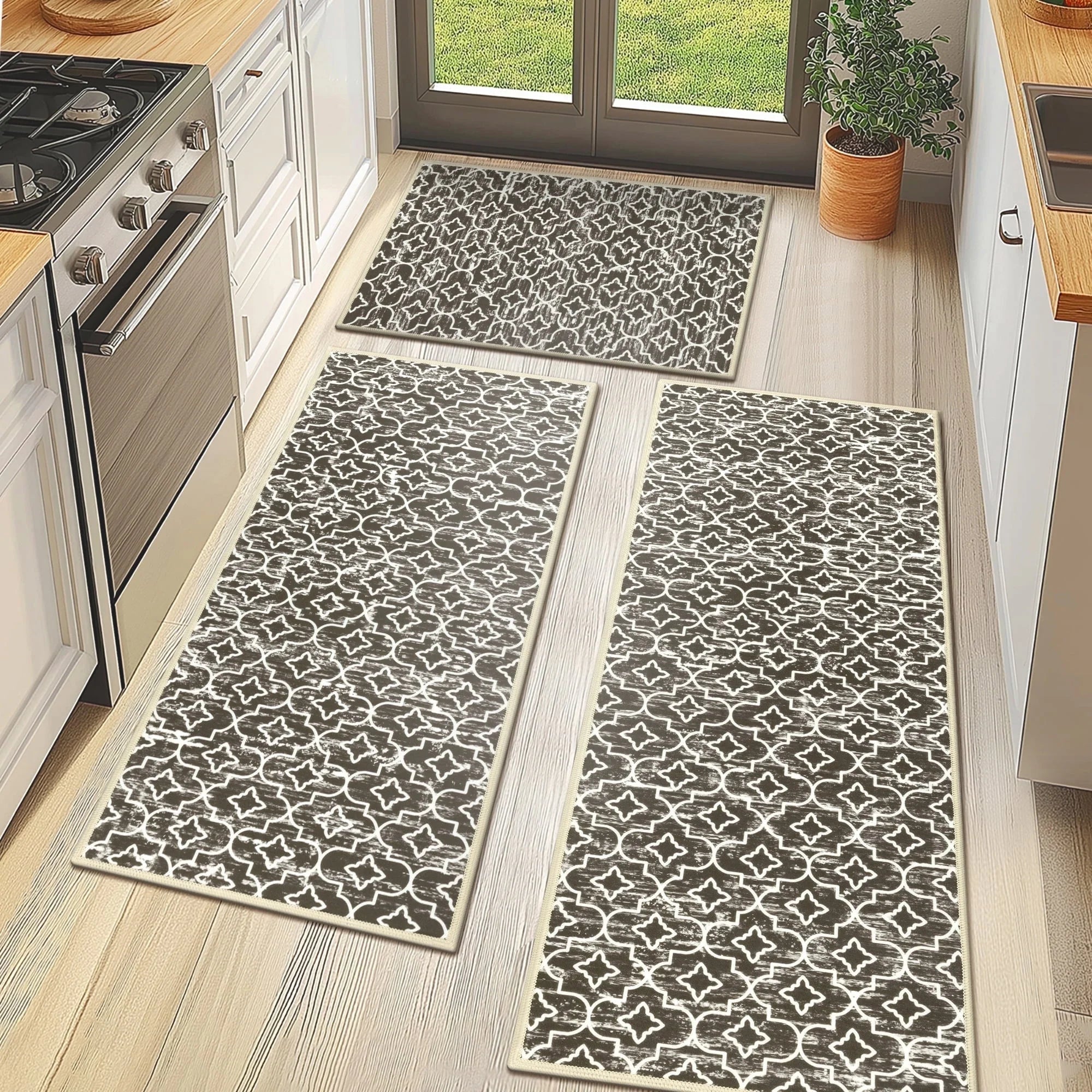 Brown Kitchen Rug Set 3 Piece, Non Slip Machine Washable Mats for Home Floor and Living Room