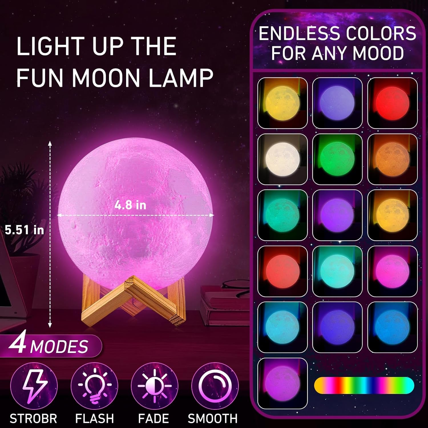 Moon Lamp, 16 Colors LED Night Light for Kids 3D Printing Moon Light with Stand& Remote/Touch Control & Timing, Moon Light Lamp for Kid Friend Birthday Gifts, Room Decor (Diameter 4.8 INCH)