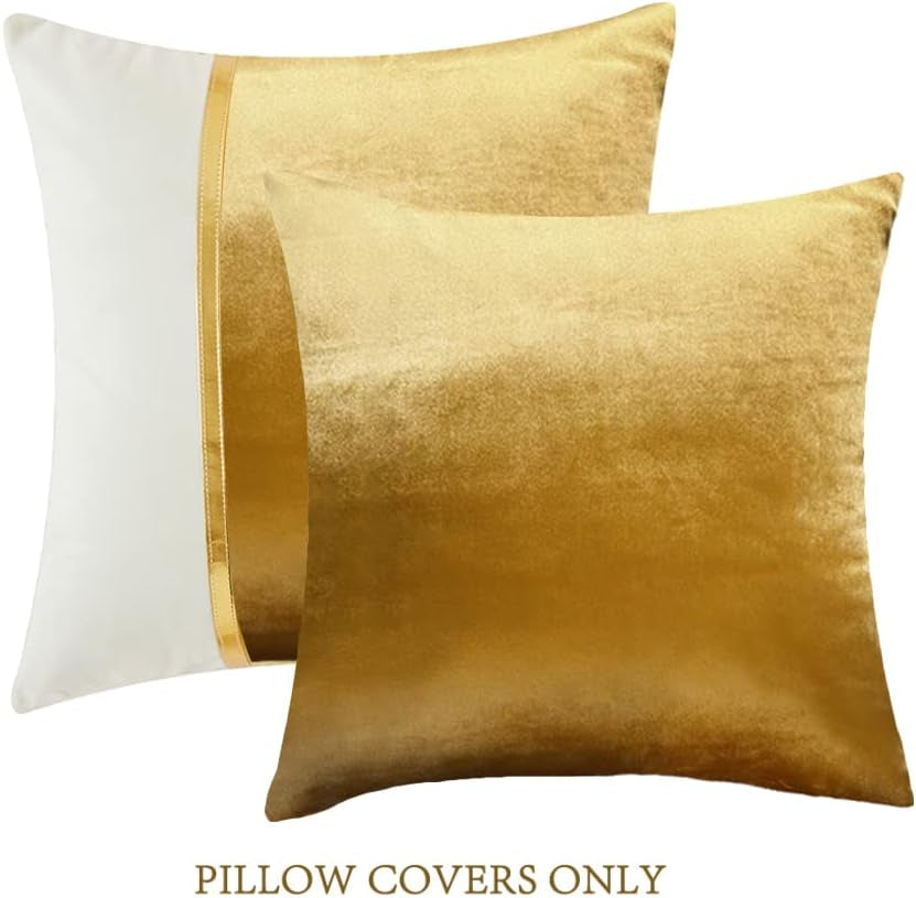 2 Pack Gold Euro Decorative Throw Pillow Covers 26X26 Inch for Living Room Couch Bed, Velvet Patchwork with Gold Leather, Luxury Home Decor Square Cushion Case 66X66 Cm