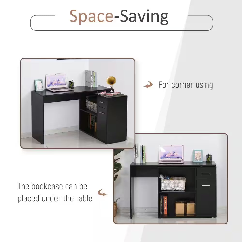 46 In. L-Shaped Black Writing Computer Desk with Storage Shelves and Cabinet