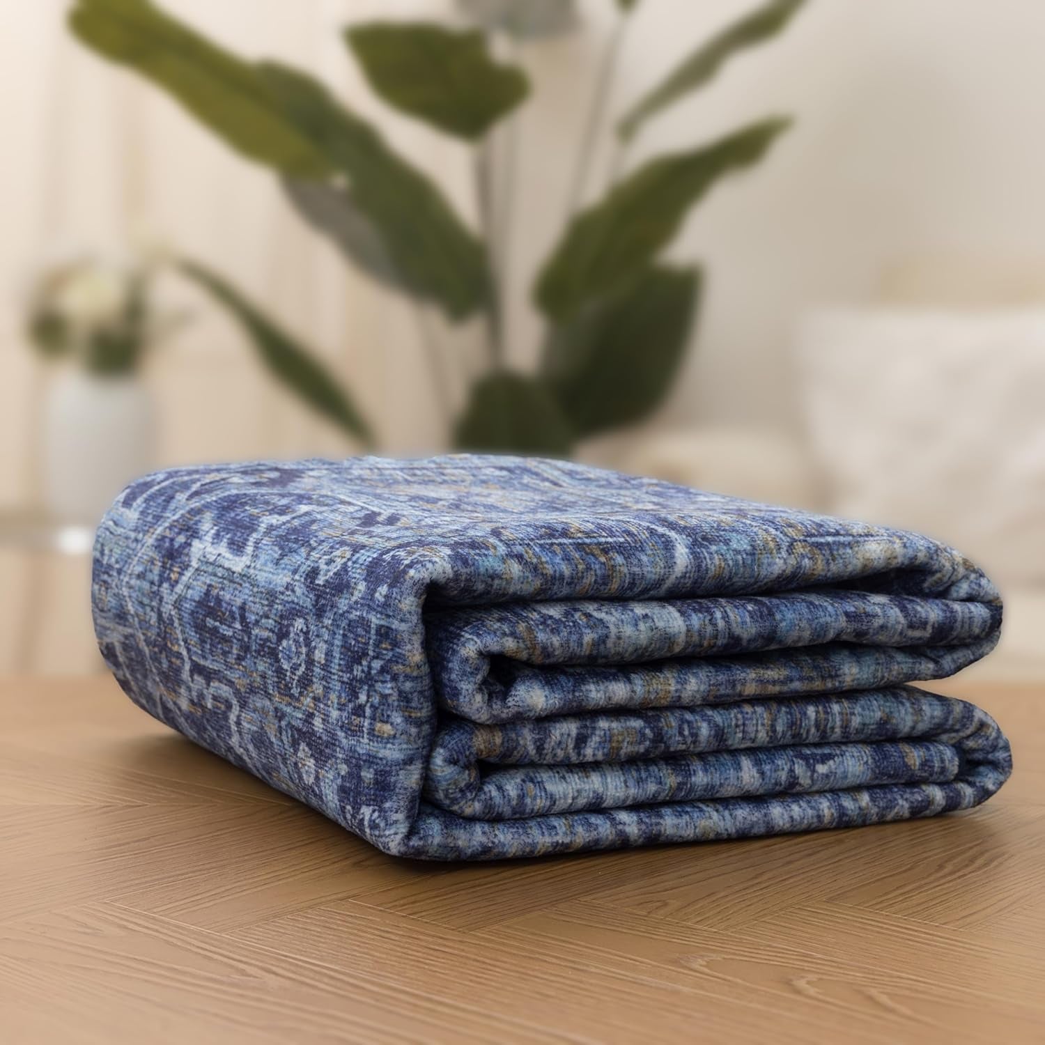 Machine Washable Area Rug - Living Room Bedroom Bathroom Kitchen Entryway Office - Padded Low Pile Stain Resistant Premium - Boho Vintage Traditional - Lyle - Blue 7'6" X 9'6"