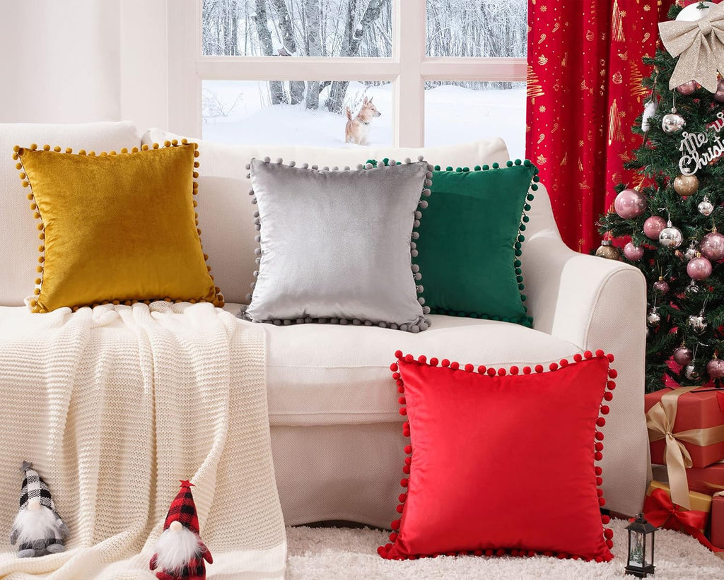Red Pillow Covers 18X18 Inches Set of 2 Decorative Velvet Couch Throw Pillow Cover with Pom Poms Soft Square Sofa Pillow Cases for Bedroom Livingroom Home Decor
