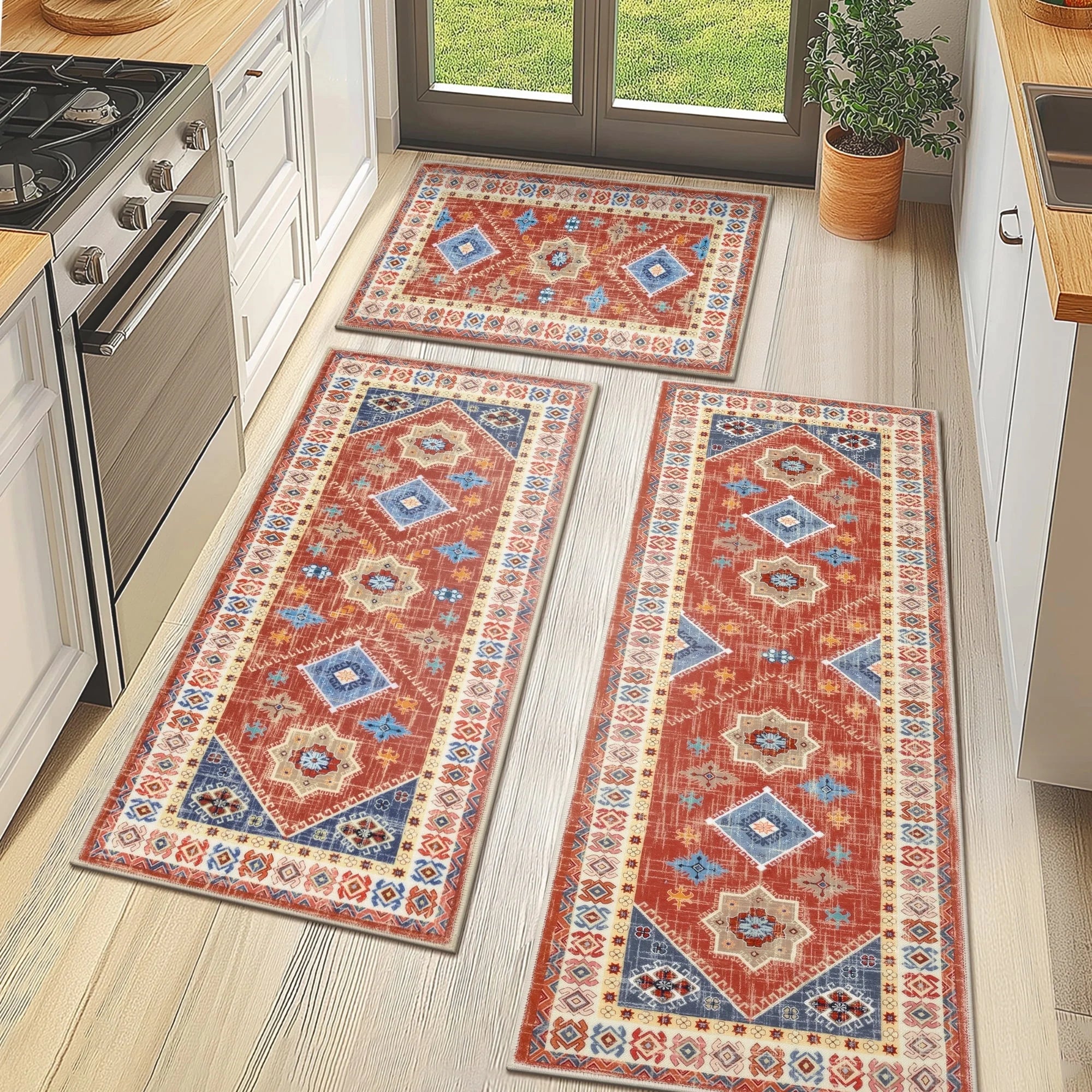 Vintage Kitchen Rug Set, 3 Piece Non-Slip Kitchen Mat Machine Washable Runner Rug for Home Floor and Living Room, Red