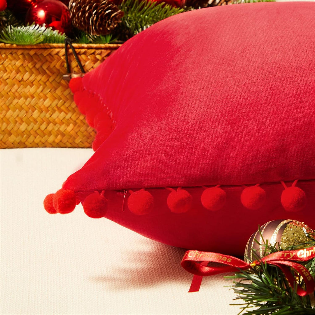 Red Pillow Covers 18X18 Inches Set of 2 Decorative Velvet Couch Throw Pillow Cover with Pom Poms Soft Square Sofa Pillow Cases for Bedroom Livingroom Home Decor