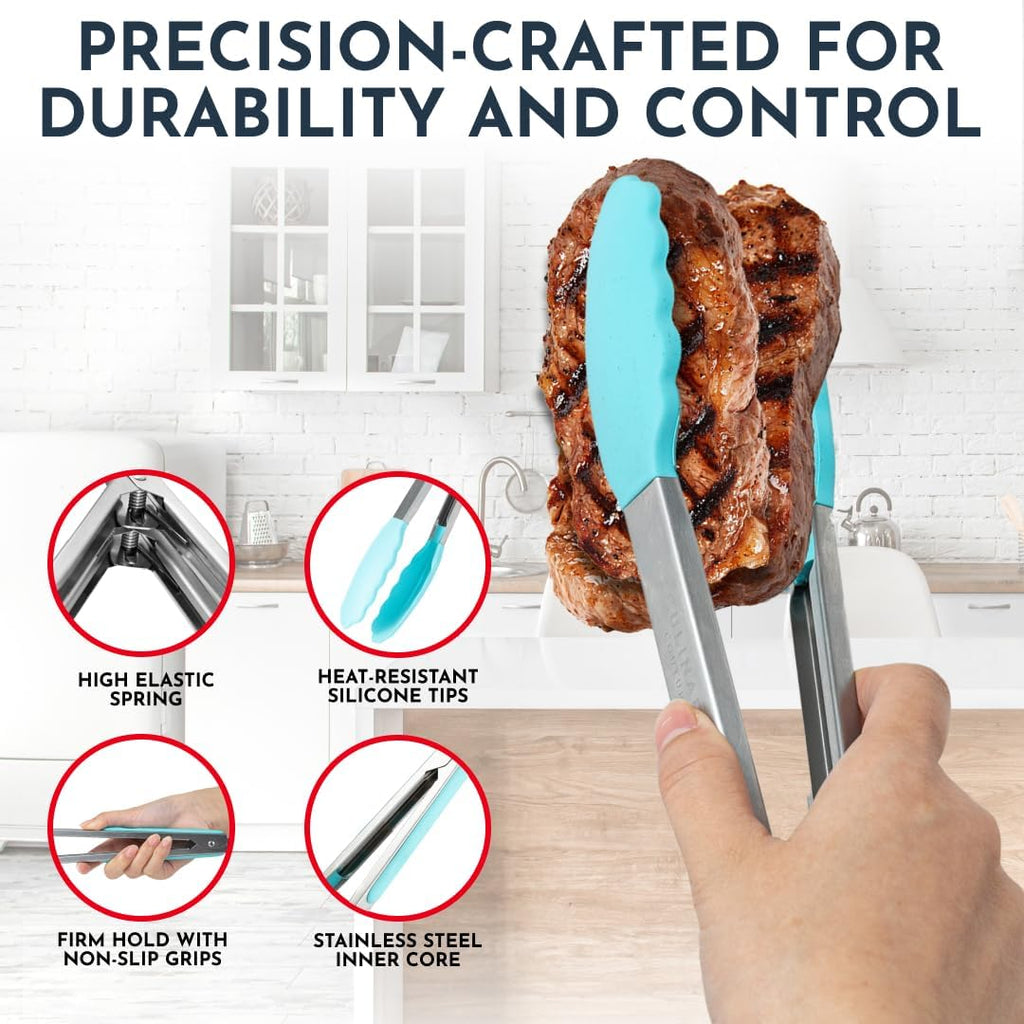 Set of 3 Kitchen Tongs with Silicone Tips, Heat Resistant Tongs for Serving Food, 7-Inch, 9-Inch, 12-Inch Locking Silicone Tongs for Cooking, Salad Tong, Aqua Kitchen Utensils