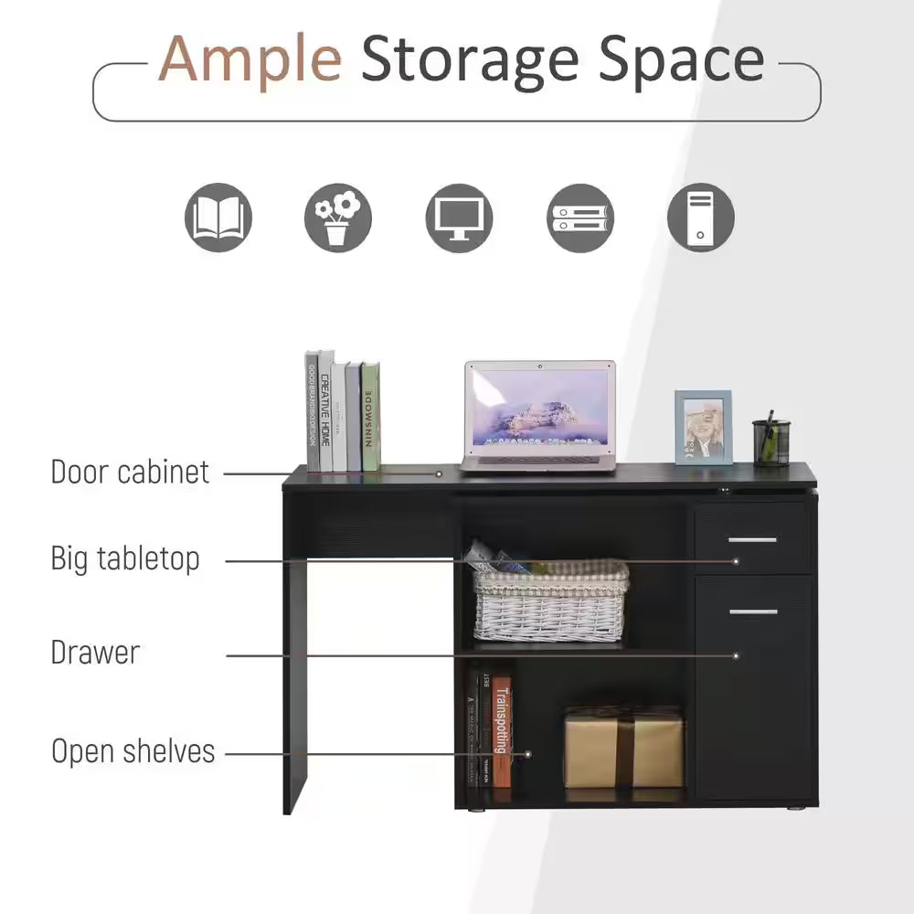 46 In. L-Shaped Black Writing Computer Desk with Storage Shelves and Cabinet
