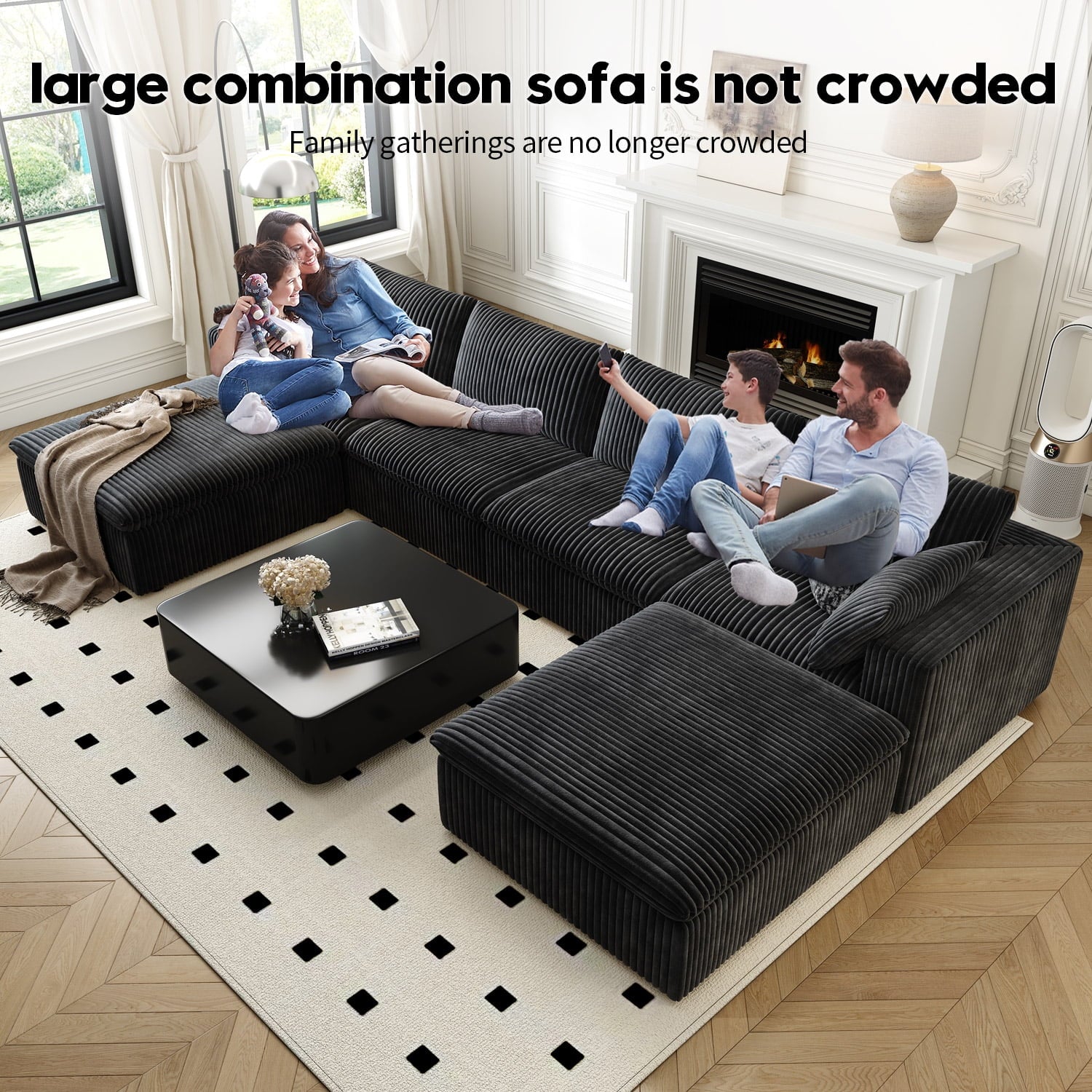 157.5" U Shaped Modern Sofa Modular Sectional Cloud Couch with 2 Ottoman,Deep Seat Upholstered Couches with Corduroy Fabric for Living Room Furniture,Bedroom and Apartment,No Assembly Required,Black