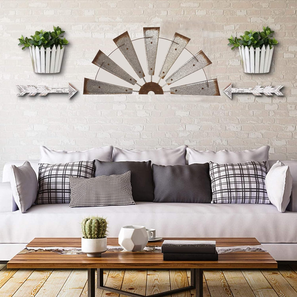 32" Rustic Galvanized Metal Half Windmill Wall Sculpture Farmhouse Wall Art Home Decor, Silver