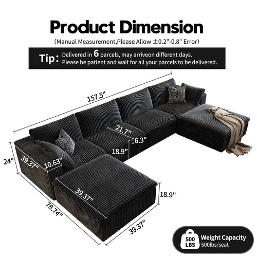 157.5" U Shaped Modern Sofa Modular Sectional Cloud Couch with 2 Ottoman,Deep Seat Upholstered Couches with Corduroy Fabric for Living Room Furniture,Bedroom and Apartment,No Assembly Required,Black
