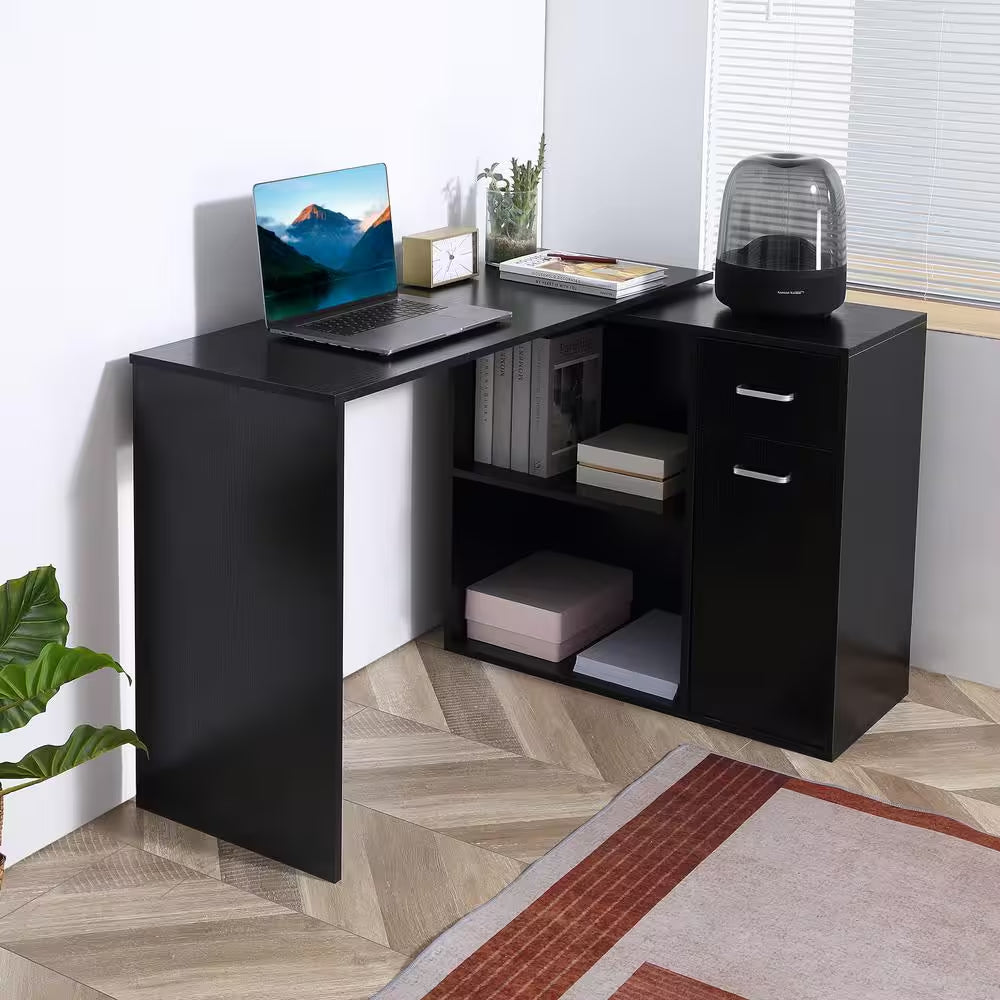 46 In. L-Shaped Black Writing Computer Desk with Storage Shelves and Cabinet