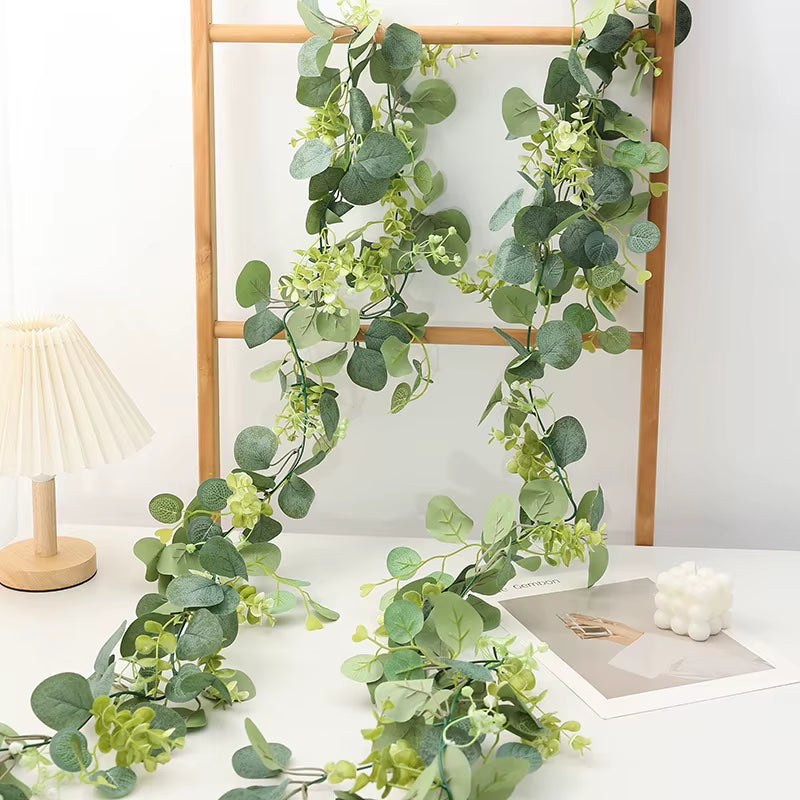 180Cm 1Pc Artificial Eucalyptus Leaves Greenery Garland Faux Plant Spring Vine with White Flowers Berries for Wedding Home Decor