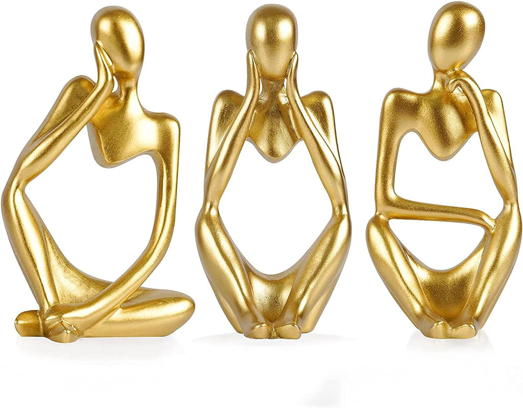 the Thinker Statue Abstract Sculpture Resin Statues for Home Decor Modern Home Office Shelf Desktop Bookshelf Decor Set of 3 (Gold)