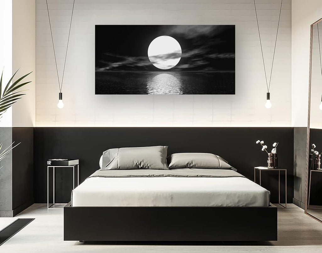 S06462 Wall Art Canvas Sea White Full Moon in Night Picture Canvas Poster Print Black and White Ocean for Living Room Bedroom Kitchen Home Decorations Framed Artwork