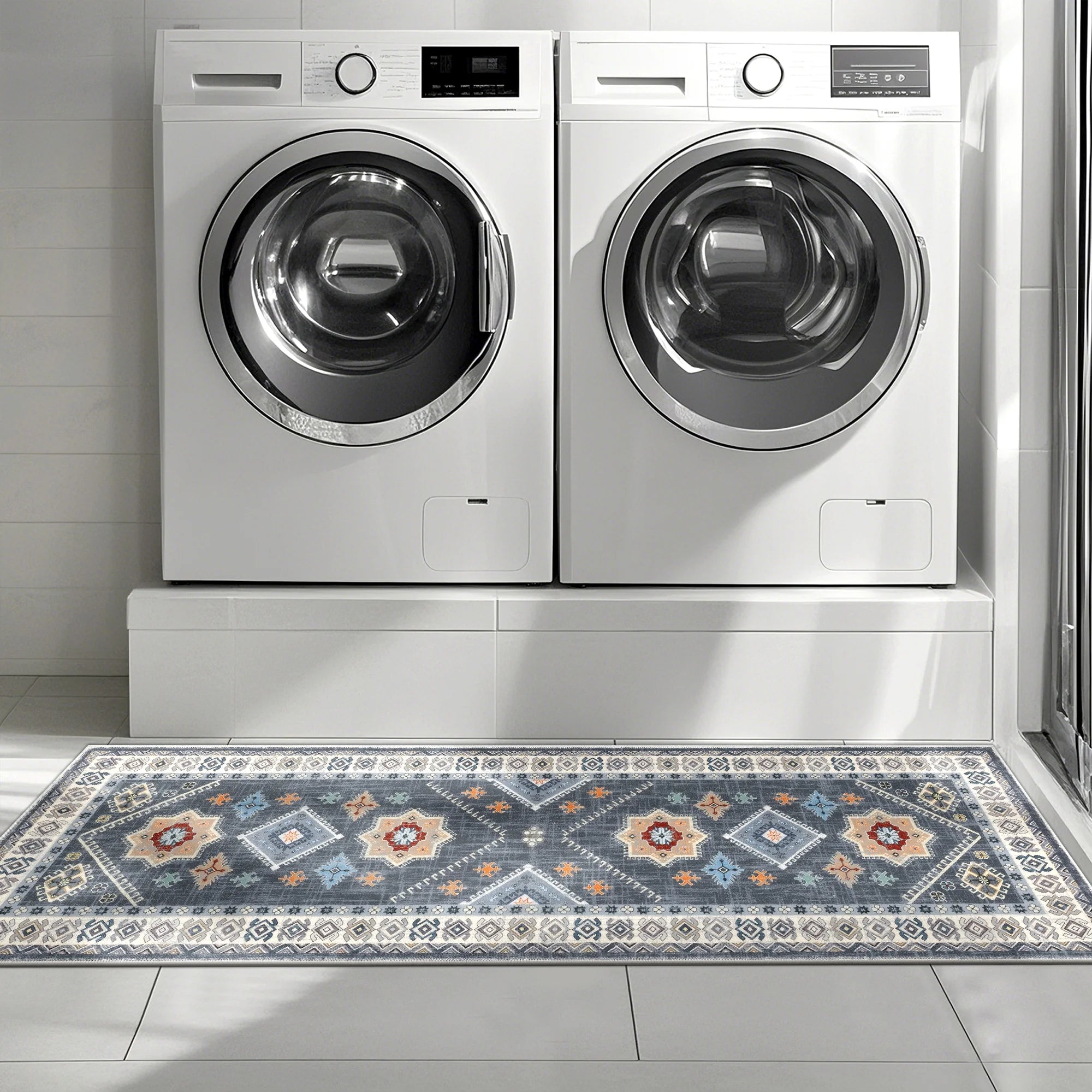 Vintage Kitchen Rug Set, 3 Piece Non-Slip Kitchen Mat Machine Washable Runner Rug for Home Floor and Living Room, Blue