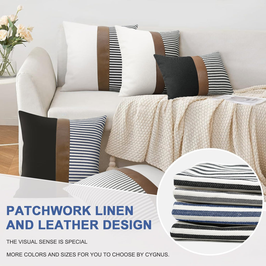 Set of 2 Farmhouse Decor Stripe Patchwork Black Linen Throw Pillow Covers,Modern Tan Faux Leather Accent Pillow Covers 18X18 Inch,Navy Blue Stripe