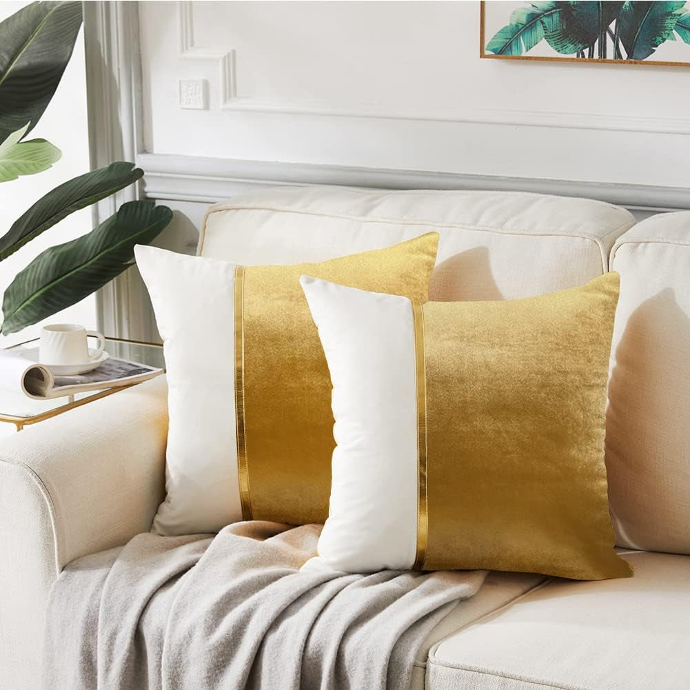 2 Pack Gold Euro Decorative Throw Pillow Covers 26X26 Inch for Living Room Couch Bed, Velvet Patchwork with Gold Leather, Luxury Home Decor Square Cushion Case 66X66 Cm
