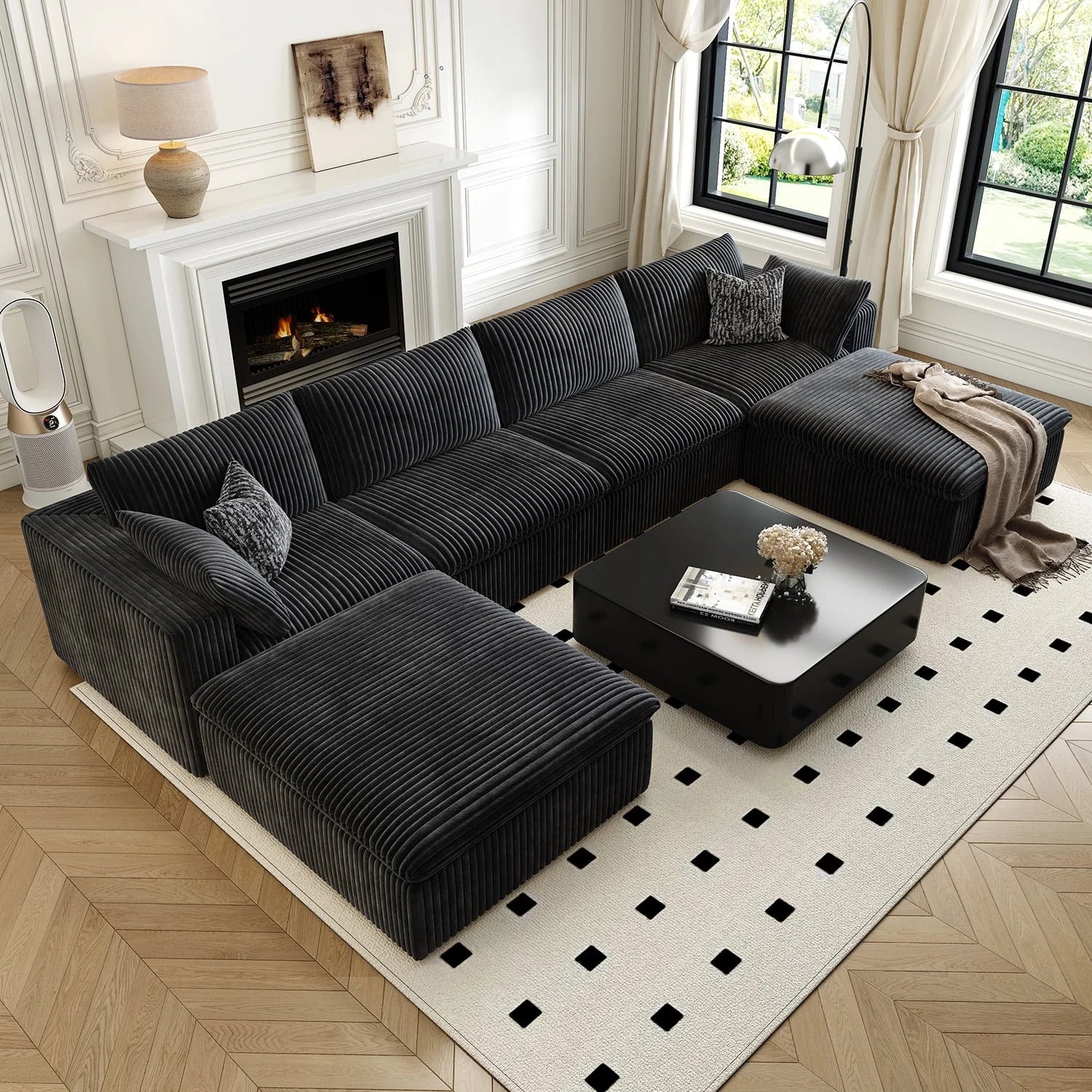 157.5" U Shaped Modern Sofa Modular Sectional Cloud Couch with 2 Ottoman,Deep Seat Upholstered Couches with Corduroy Fabric for Living Room Furniture,Bedroom and Apartment,No Assembly Required,Black