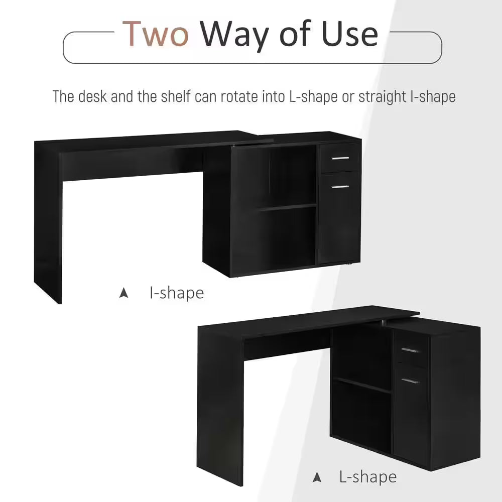 46 In. L-Shaped Black Writing Computer Desk with Storage Shelves and Cabinet