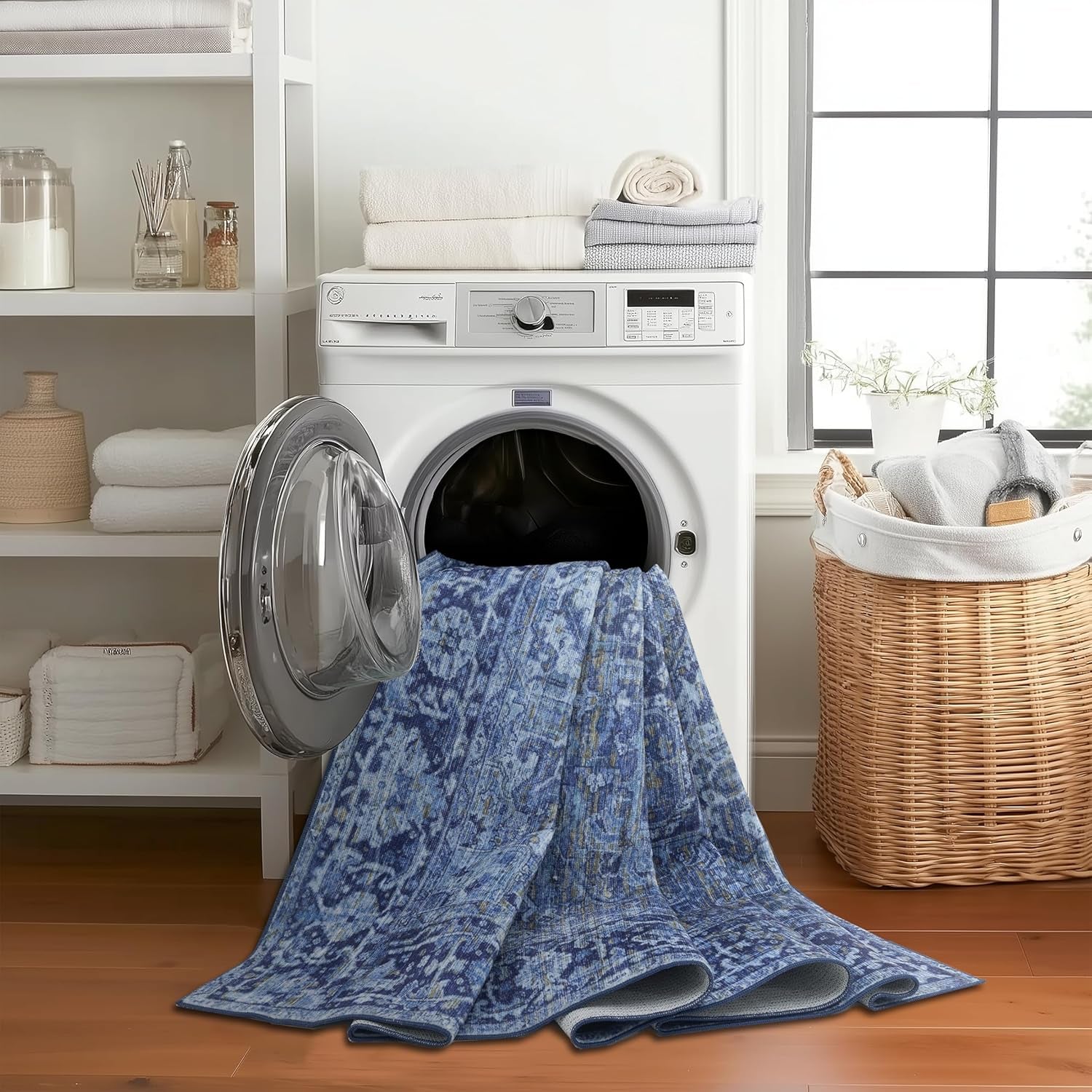 Machine Washable Area Rug - Living Room Bedroom Bathroom Kitchen Entryway Office - Padded Low Pile Stain Resistant Premium - Boho Vintage Traditional - Lyle - Blue 7'6" X 9'6"