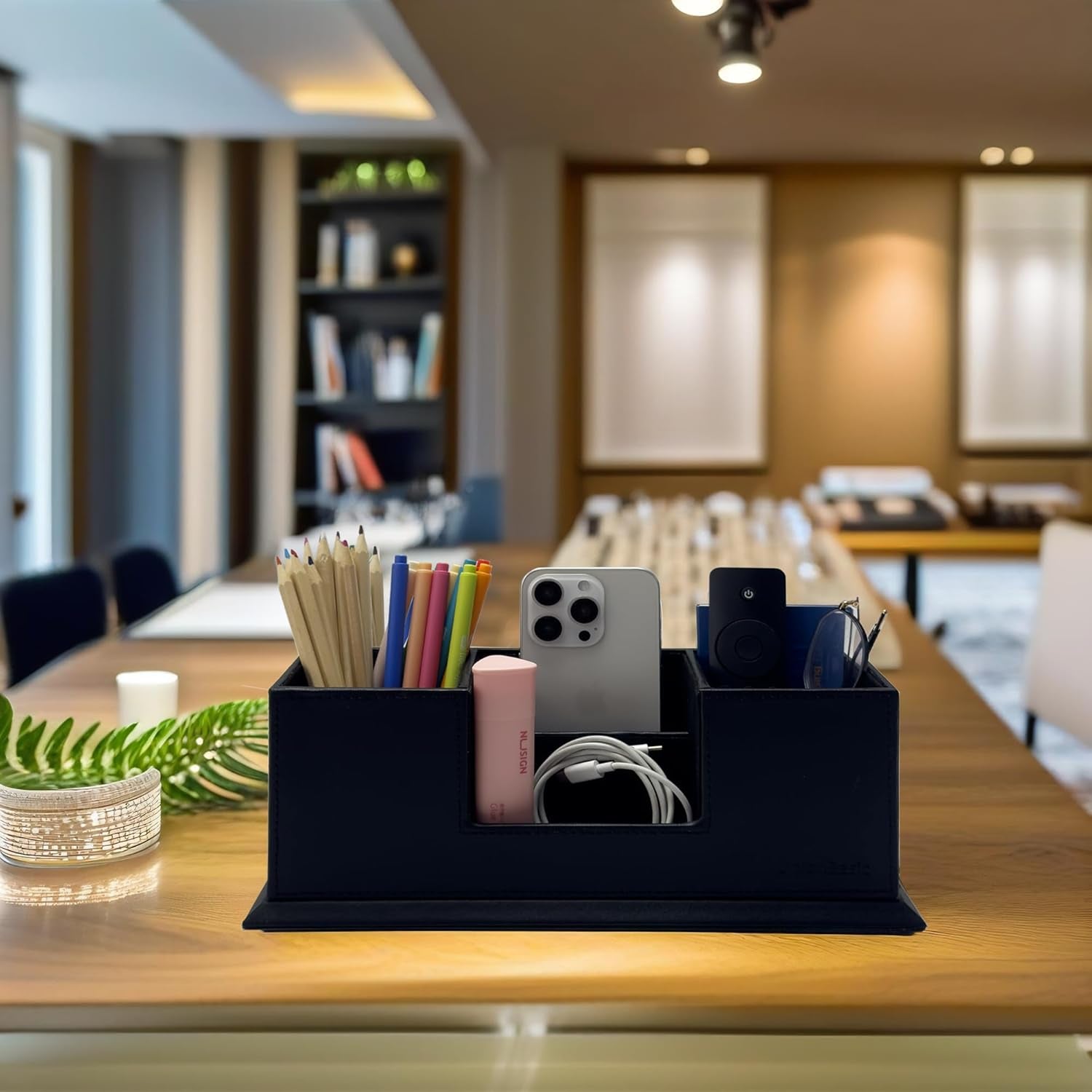 Desk Organizer, Desktop Caddy Leather Multi-Compartment Pen Holder Office Stationer Organizer, Black